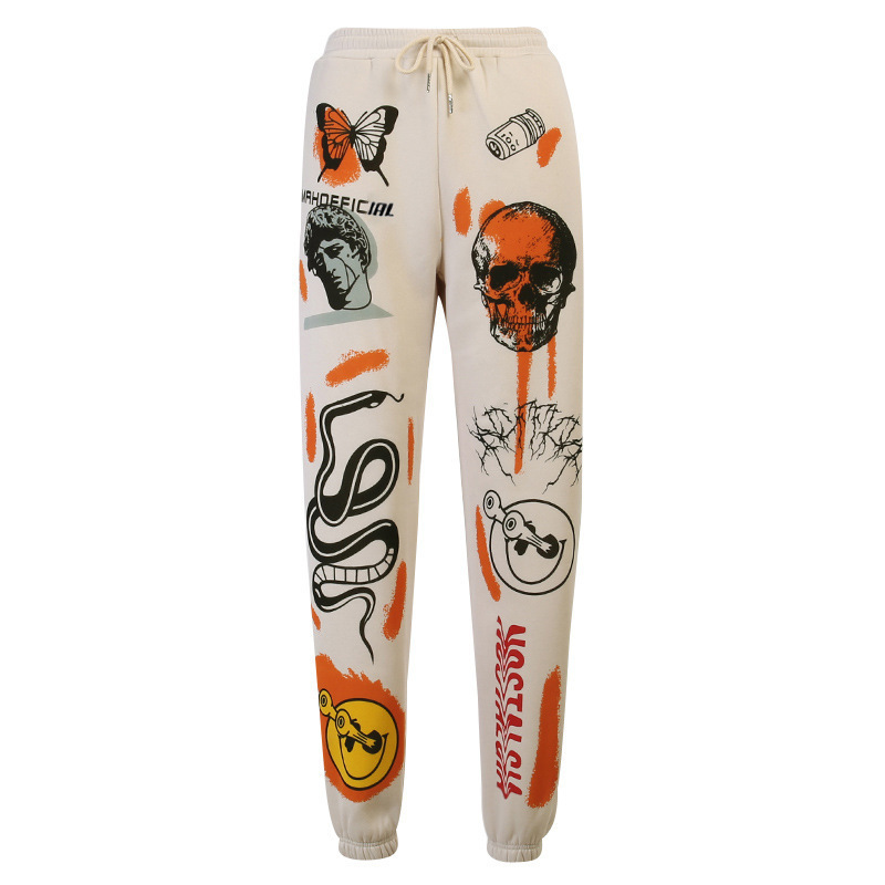 Stylish casual loose pants for women featuring cool graffiti designs and vibrant graphics.