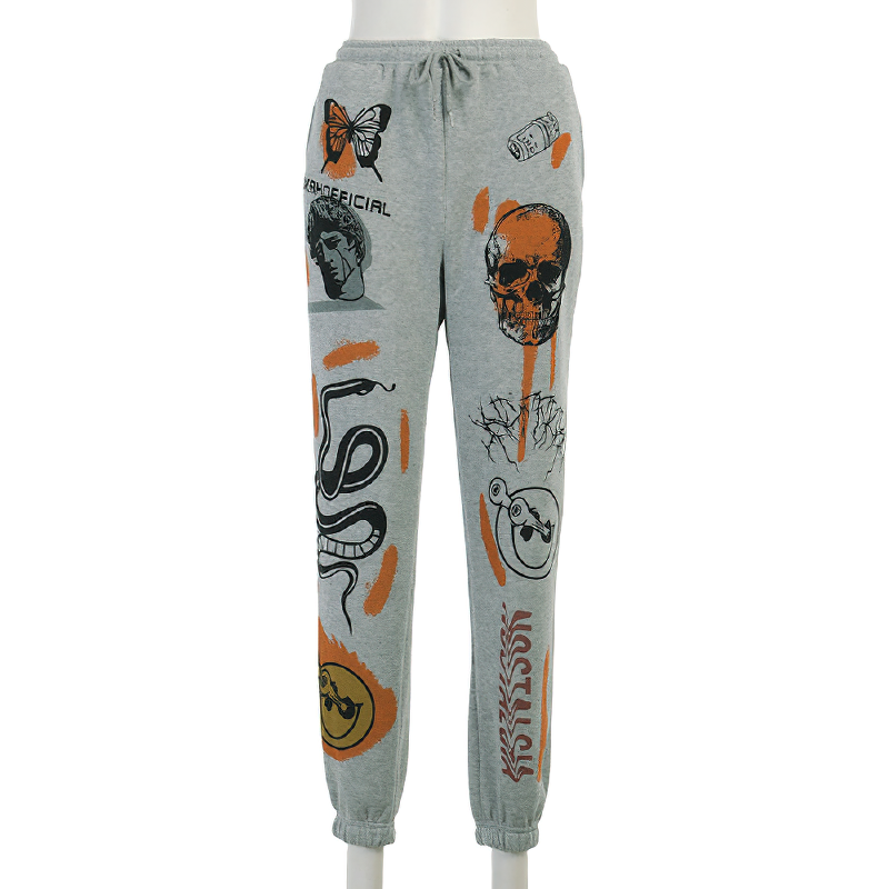 Casual loose pants for women with cool graffiti designs in gray fleece, featuring unique graphics and adjustable waistband.