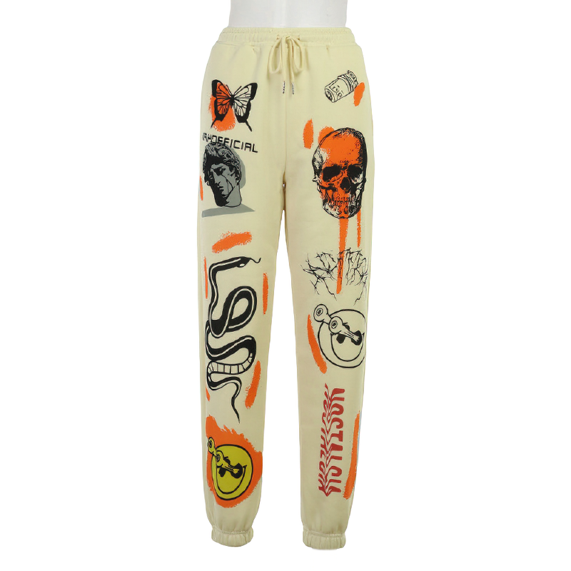 Casual loose pants for women featuring cool graffiti designs and a comfortable fit, perfect for a stylish look.