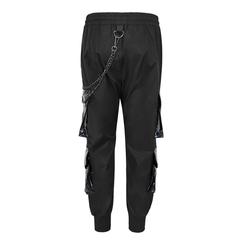 Casual Male Cargo Pants with Faux Leather Pockets / Punk Black Trousers with Removable Chain