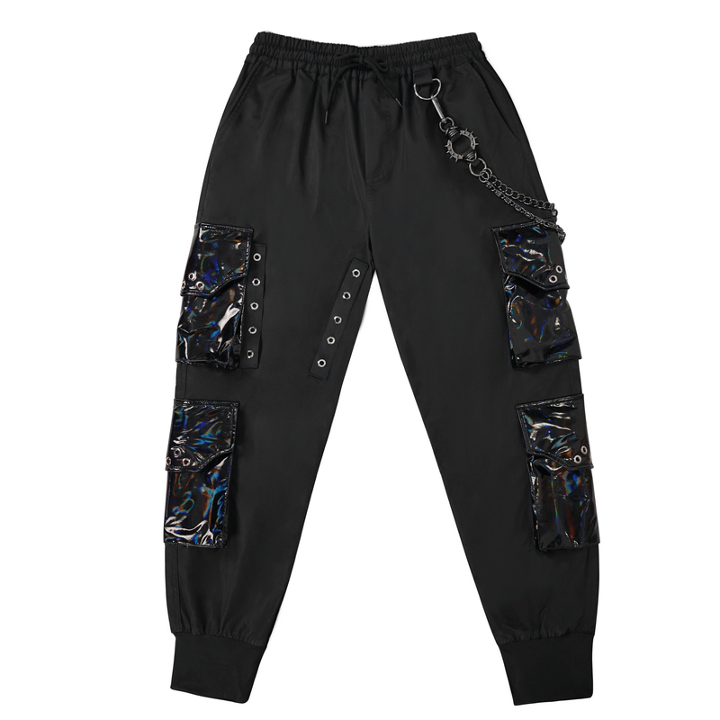 Casual Male Cargo Pants with Faux Leather Pockets / Punk Black Trousers with Removable Chain