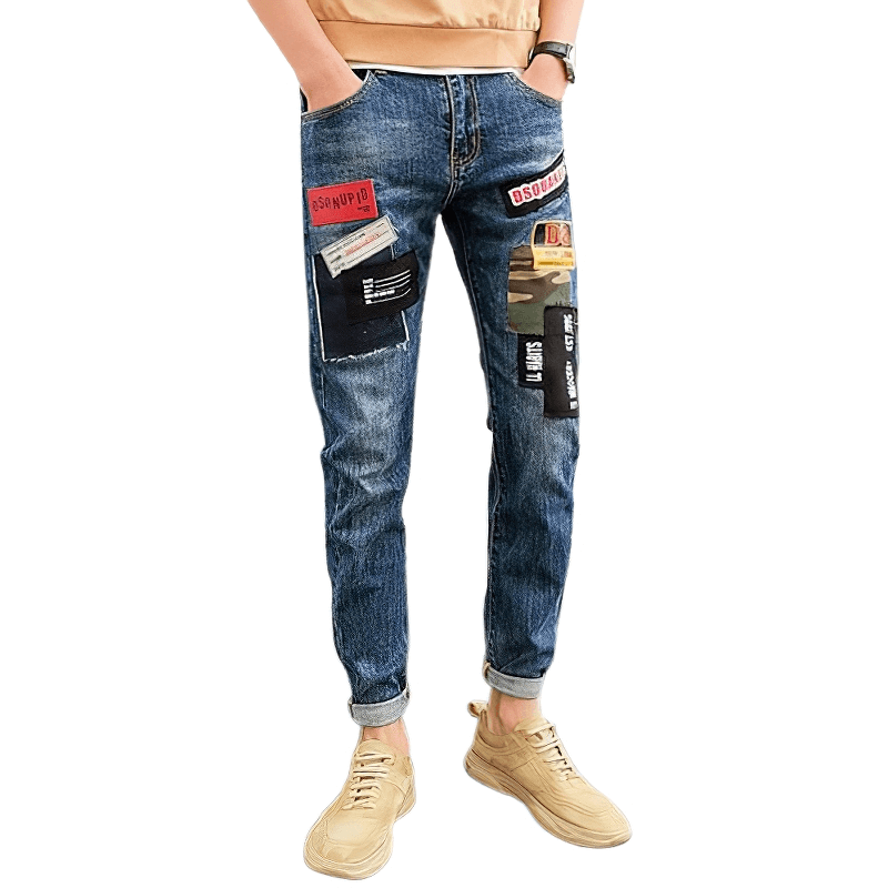 Casual Male Jeans with Patches / Motorcycle Denim Pants for Men / Fashion Elastic Trousers