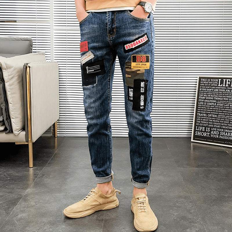 Casual Male Jeans with Patches / Motorcycle Denim Pants for Men / Fashion Elastic Trousers