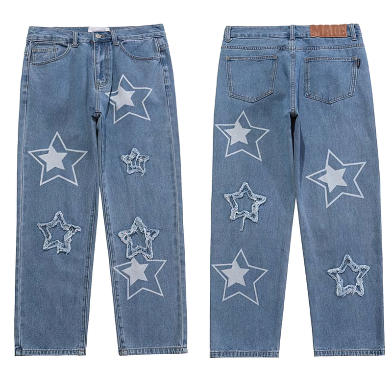Casual Male Straight Jeans with Star Patch Print / Loose Solid Denim Pants for Men - HARD'N'HEAVY