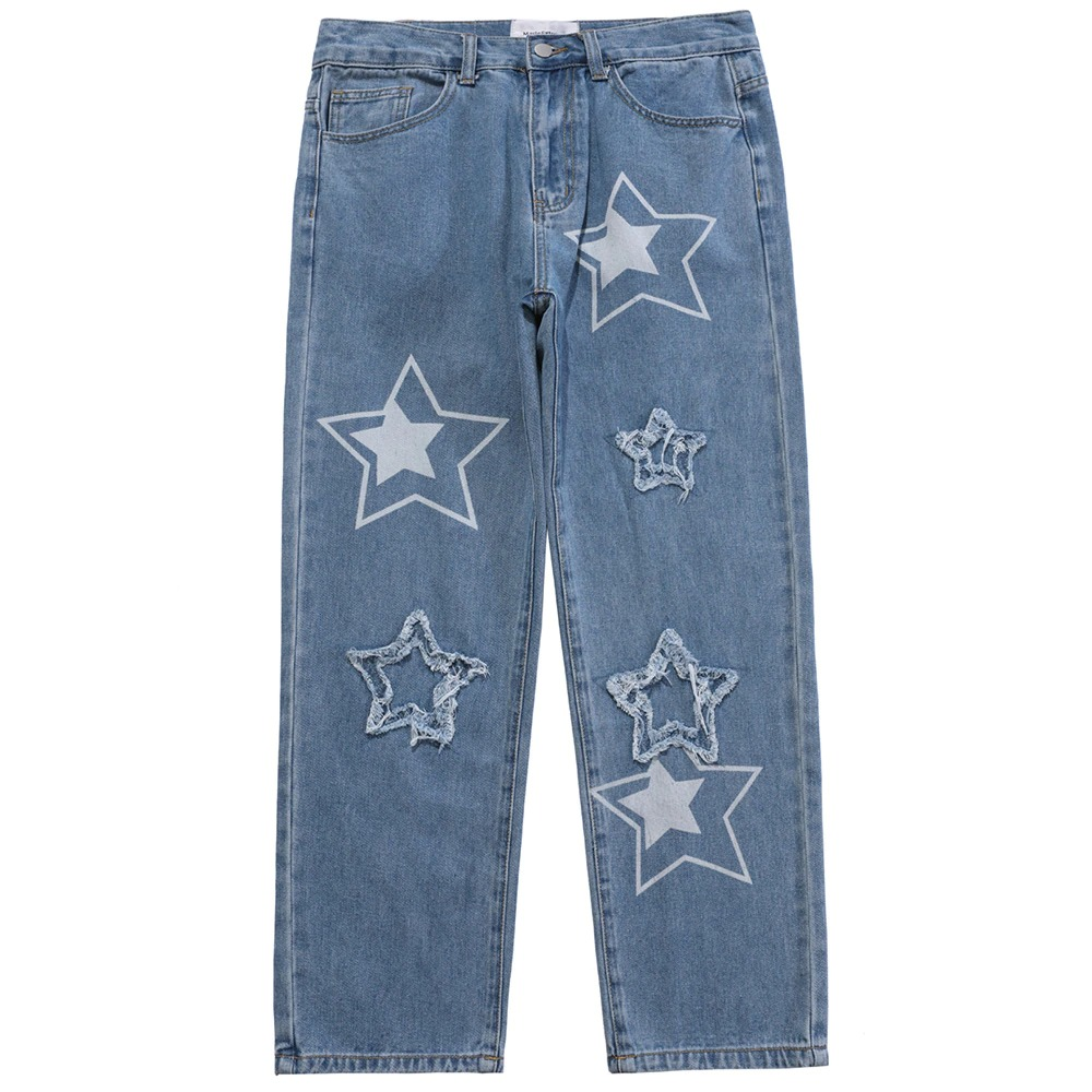 Casual Male Straight Jeans with Star Patch Print / Loose Solid Denim Pants for Men - HARD'N'HEAVY