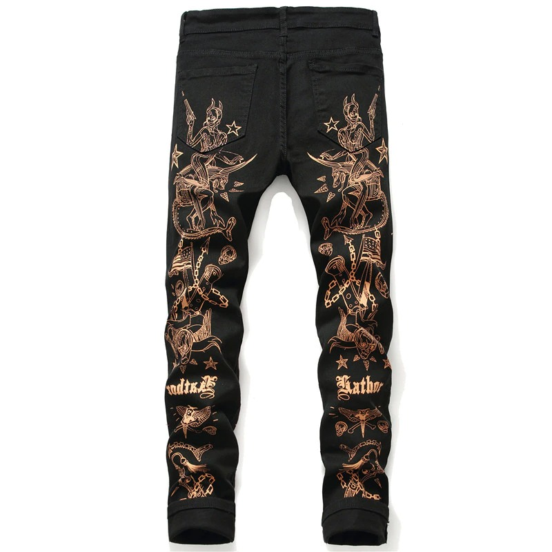 Casual Male Black Printed Jeans / Stylish Pencil Denim Pants for Men / Alternative Style Clothing - HARD'N'HEAVY