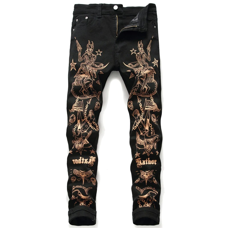Casual Male Black Printed Jeans / Stylish Pencil Denim Pants for Men / Alternative Style Clothing - HARD'N'HEAVY