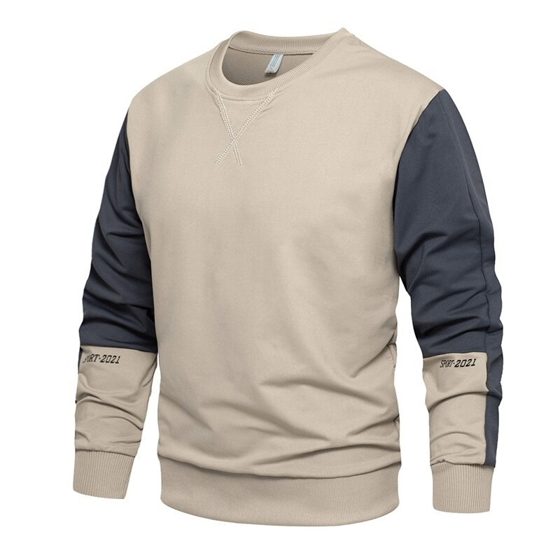 Casual men's O-neck patchwork sweatshirt in beige and navy, perfect for a comfortable, stylish look.