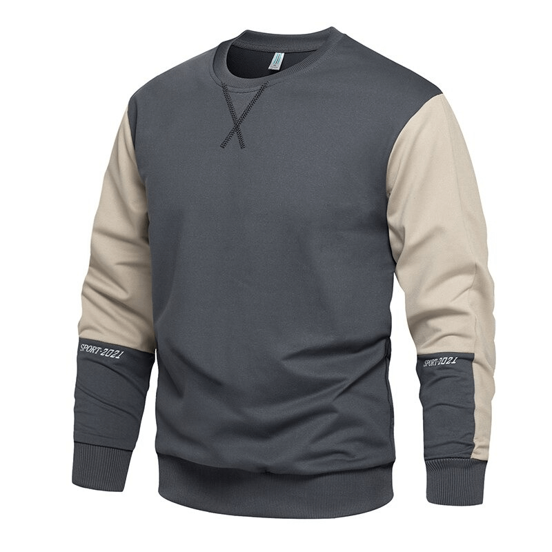 Casual men's loose O-neck patchwork sweatshirt in grey and beige, perfect for stylish, comfortable wear.