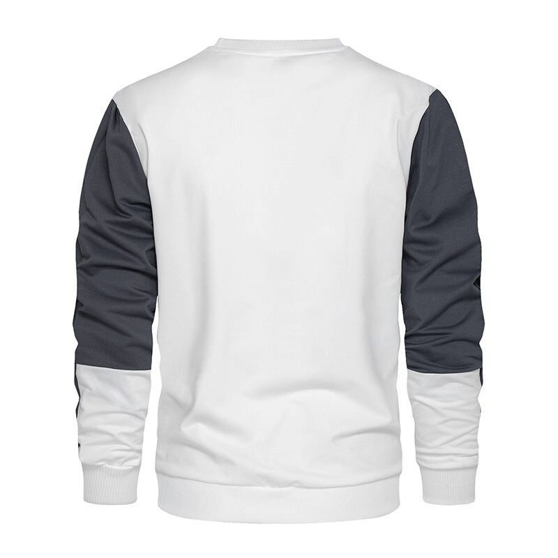 Back view of a casual men's loose patchwork sweatshirt in white and dark gray, showcasing stylish design and comfortable fit.