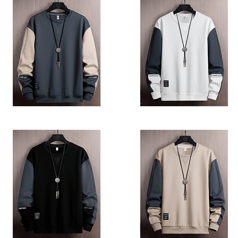 Stylish men's patchwork sweatshirts in four colors hanging on display for casual wear.