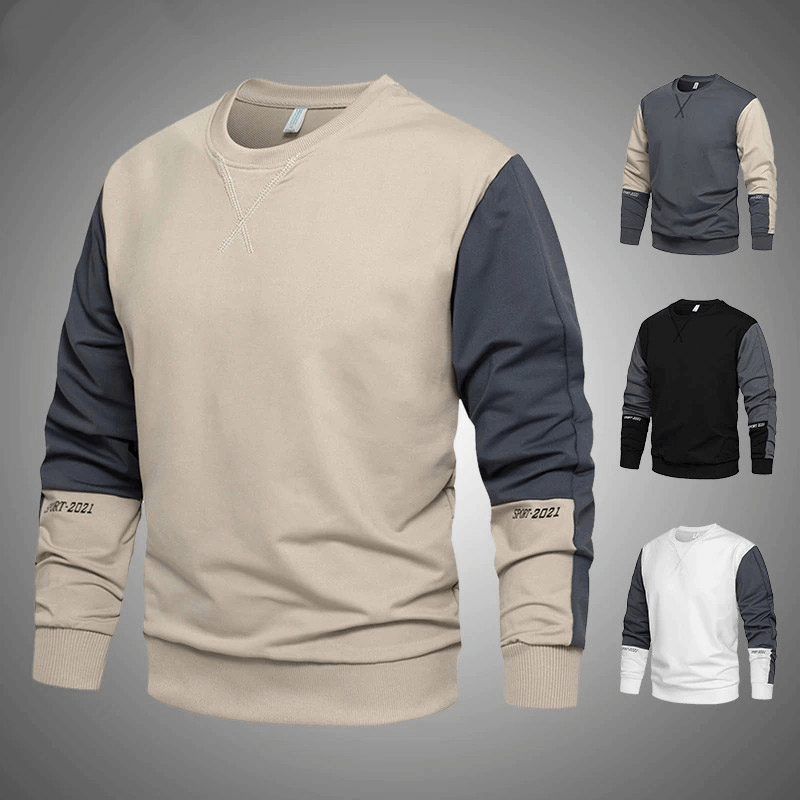 Men's loose patchwork sweatshirt in beige and blue with stylish design. Perfect for casual wear and comfort.