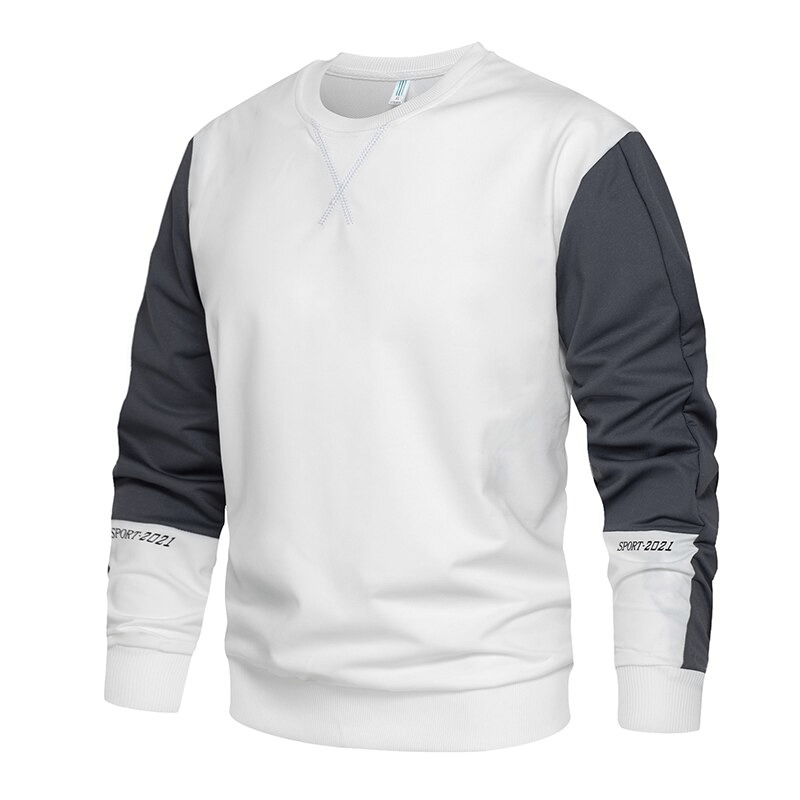 Men's casual O-neck patchwork sweatshirt in white and gray, featuring a loose fit for ultimate comfort.