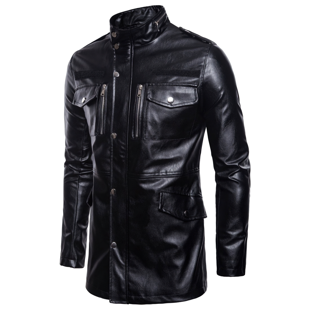 Casual Men's Black PU Leather Coat / Motorcycle Biker Coats with Zipper - HARD'N'HEAVY
