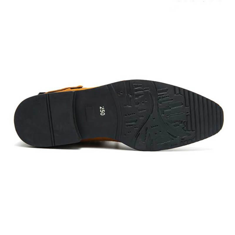 Sole of casual men's faux suede ankle boots, showcasing a stylish tread pattern for traction and durability.