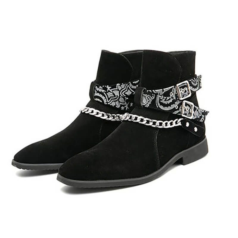 Stylish men's faux suede ankle boots with buckle strap and chain detail for a trendy casual look.