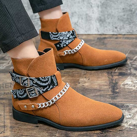 Stylish men's faux suede ankle boots with buckle strap and chain detail, perfect for casual fashion.
