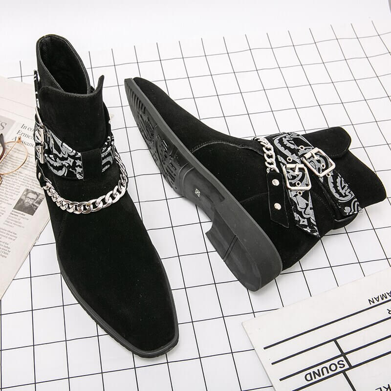 Stylish black casual men's faux suede ankle boots with unique buckle strap and chain detail.
