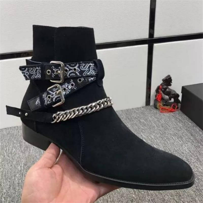 Men's casual faux suede ankle boots with buckle strap and chain detail, perfect for stylish everyday wear.