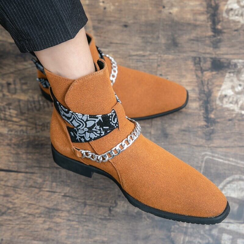 Men's casual faux suede ankle boots with buckle strap detail, showcasing a stylish and modern vibe.