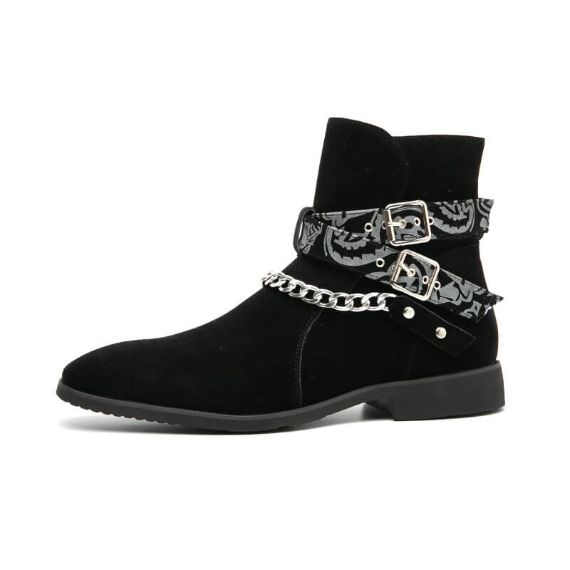 Casual men's faux suede ankle boots in black with buckle strap and chain detail for a stylish look.