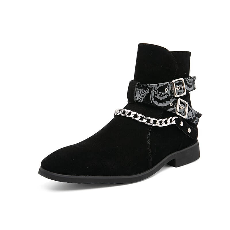 Men's black faux suede ankle boots with buckle strap and chain detail, stylish and casual footwear.