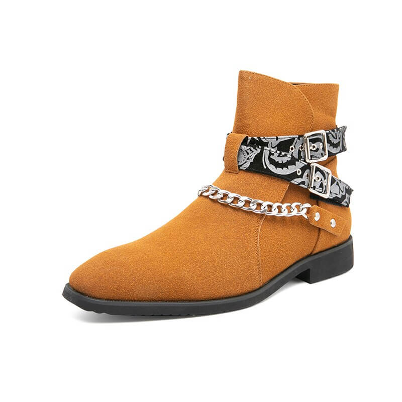 Trendy men's faux suede ankle boots in mustard with buckle strap and chain detail, perfect for casual fashion.