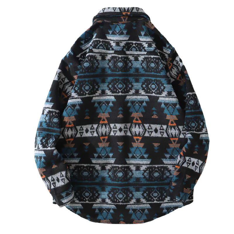 Casual men's geometric graphic print shirt in retro style with turn-down collar and full sleeves, showing the back design.
