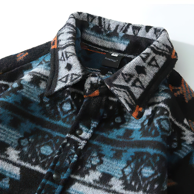 Casual men's geometric graphic print shirt with retro design and turn-down collar in blue and black hues.