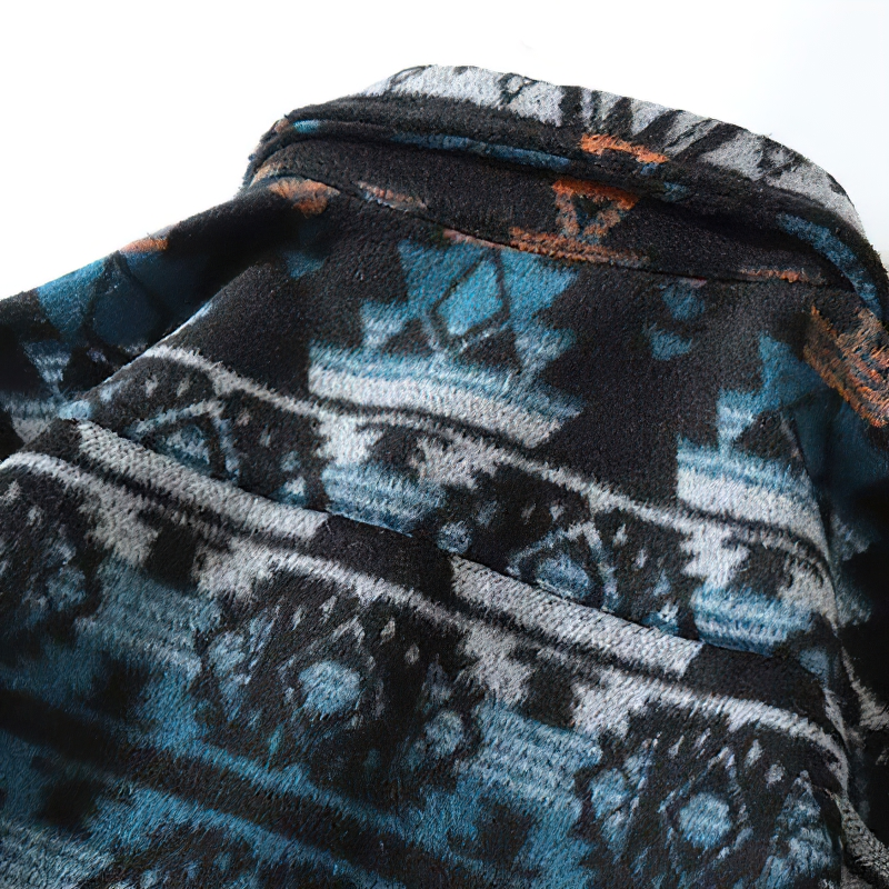 Casual men's geometric graphic print shirt showcasing vibrant blue and black retro design, perfect for stylish everyday wear.