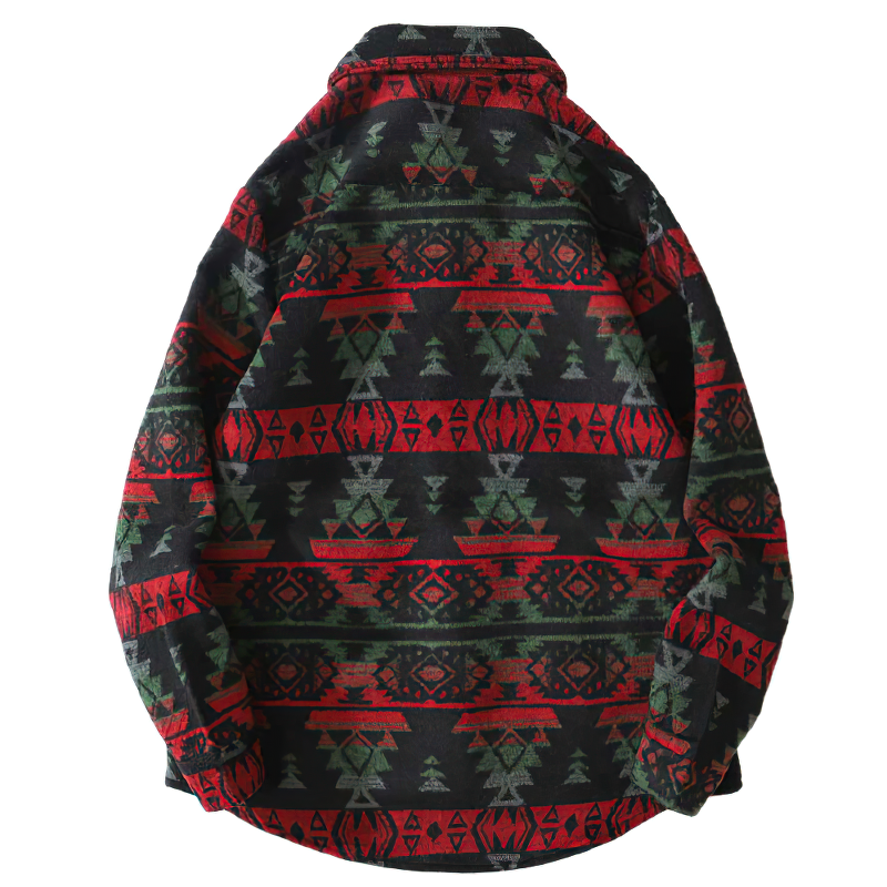 Casual men's retro shirt featuring a striking geometric print in red, green, and black, viewed from the back.