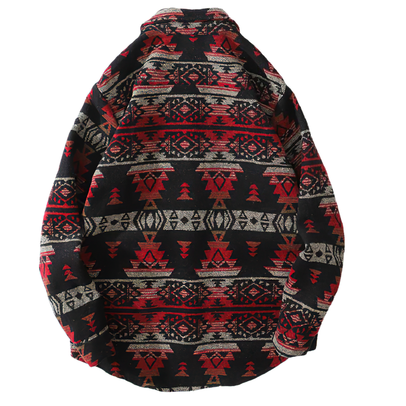 Casual men's shirt with bold geometric print in black, red, and beige, featuring a turn-down collar and full sleeves.