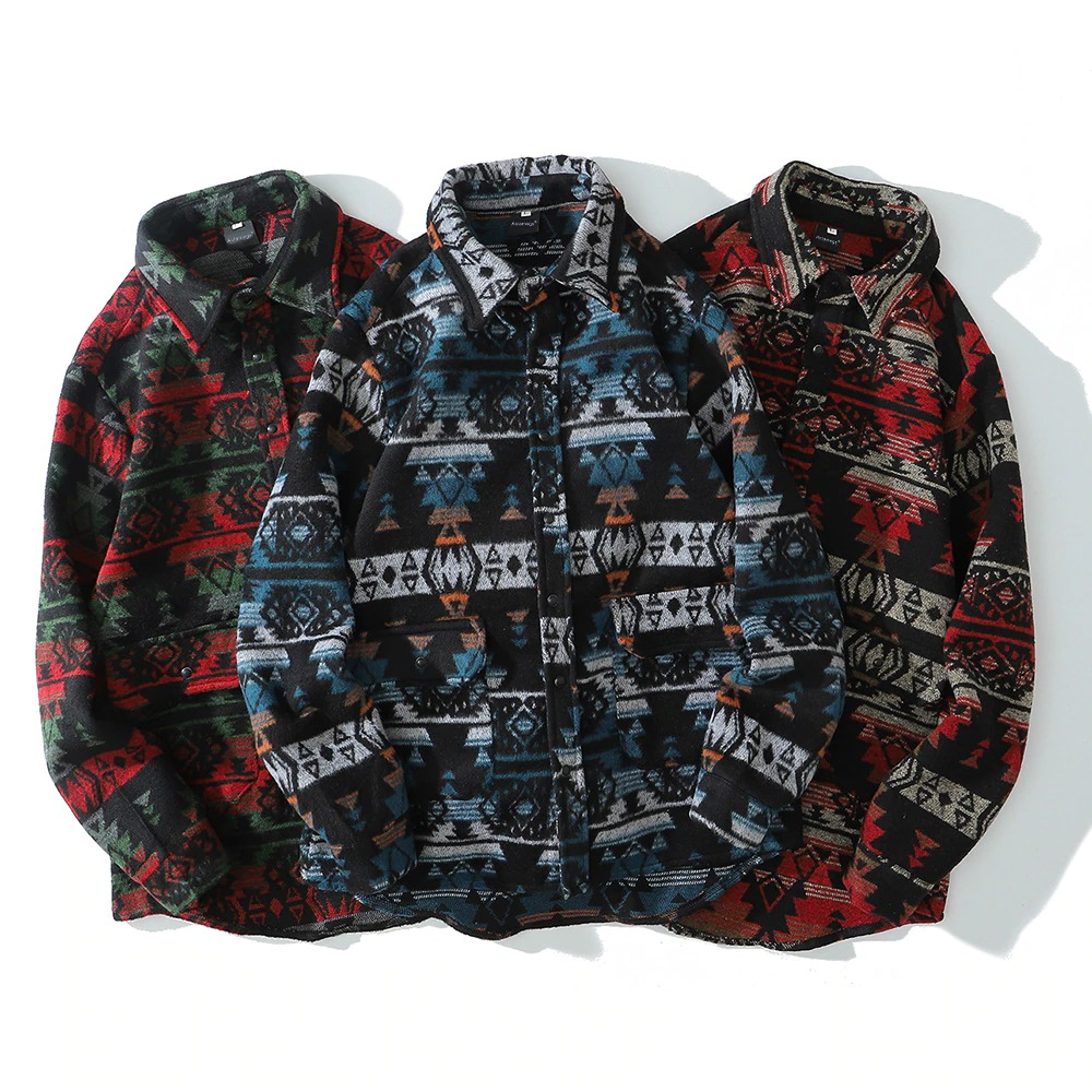 Three casual men's geometric graphic print shirts with turn-down collars in vibrant colors.