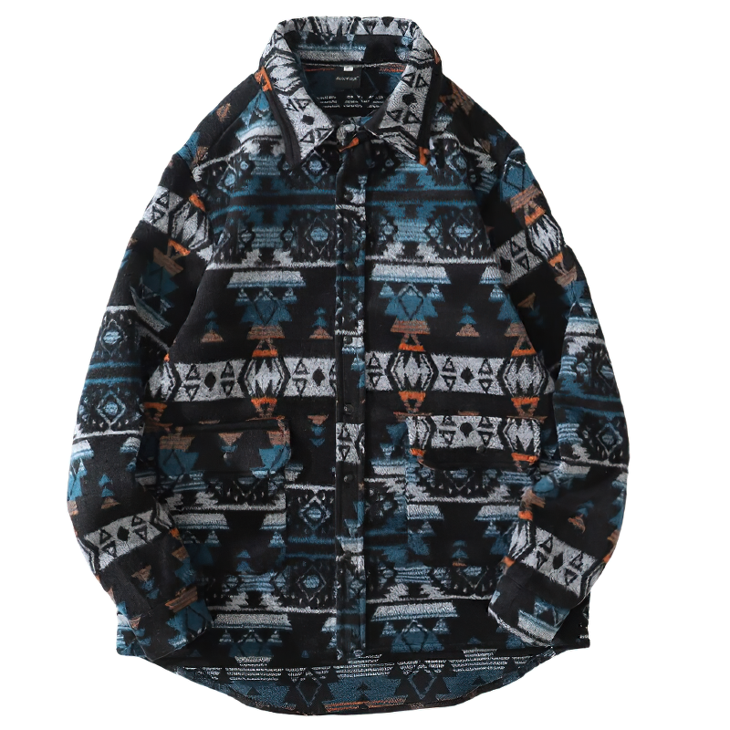 Casual men's shirt with retro geometric print in black, blue, and orange, featuring a turn-down collar and full sleeves.