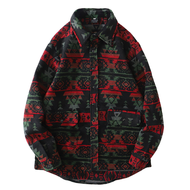 Men's casual geometric graphic shirt with retro design in red and green color palette.