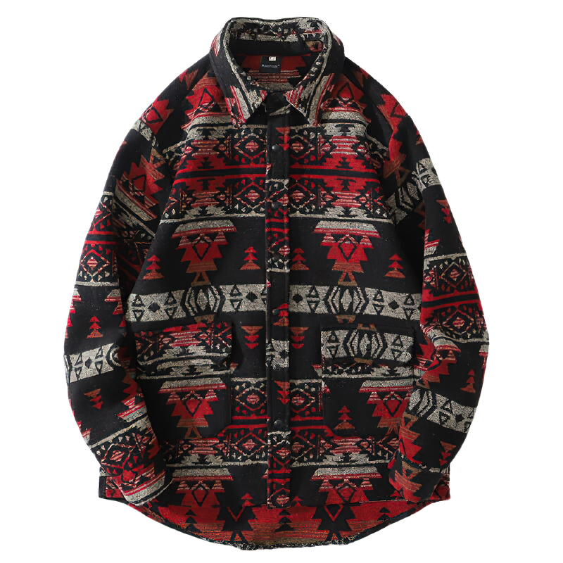 Casual men's shirt featuring a bold red and black geometric print with a retro design and turn-down collar.