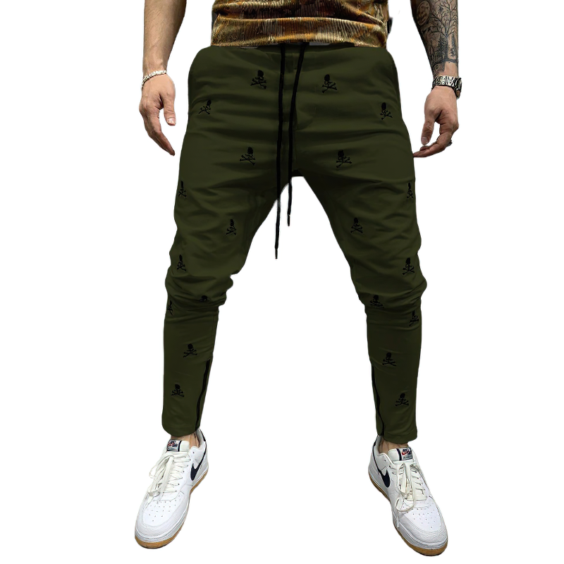 Casual men's lace-up pants in green with skull print, perfect for everyday comfort and style.