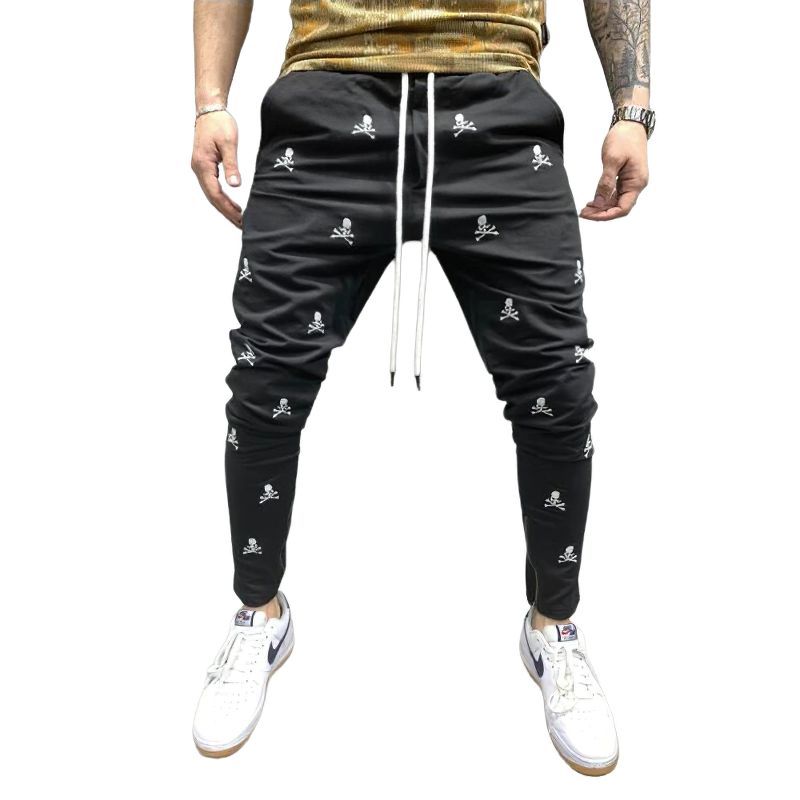 Casual Men's Lace-up Pants with Skull Printed / Fashion Male Pencil Trousers - HARD'N'HEAVY