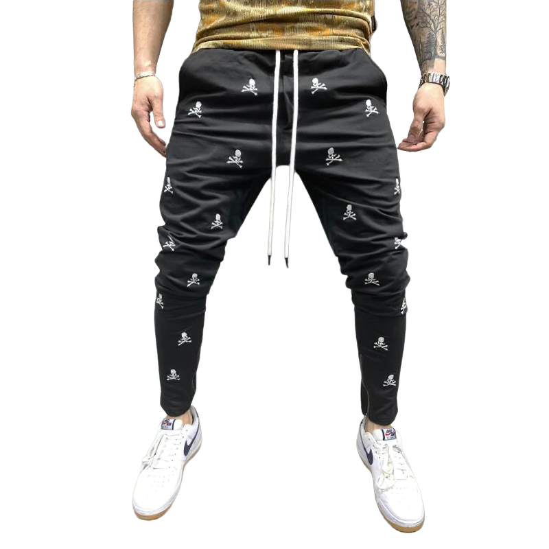 Casual men's lace-up pants with skull print, comfortable and stylish pencil trousers for everyday wear.