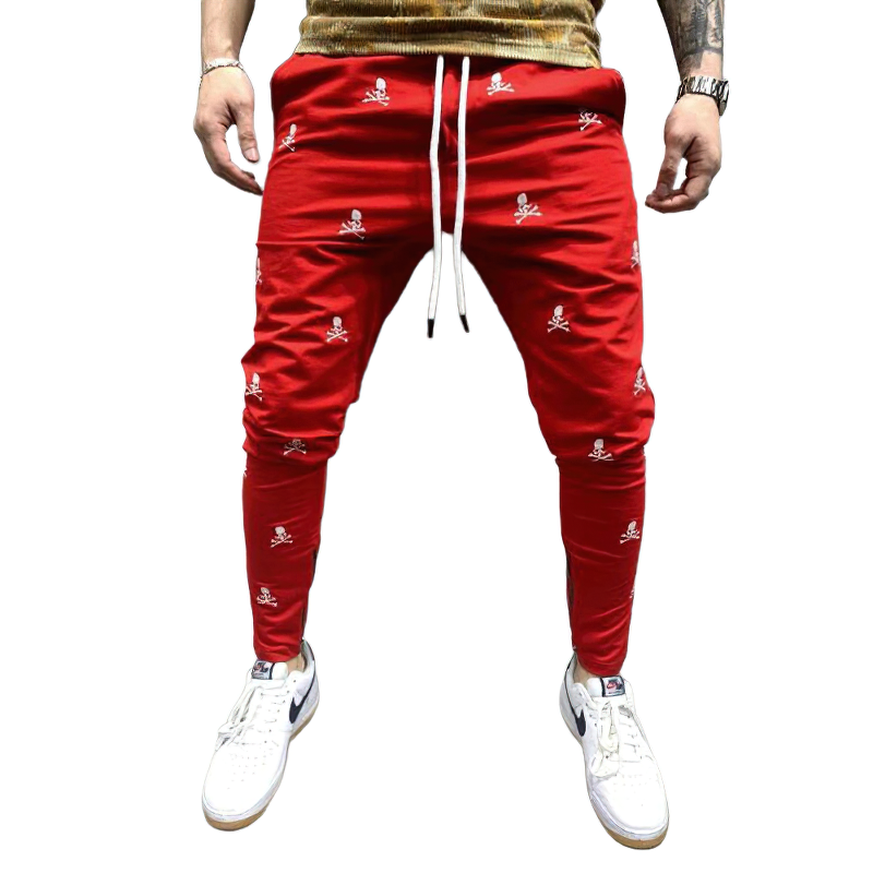 Casual men's red lace-up pants with skull print, perfect for everyday comfort and style.