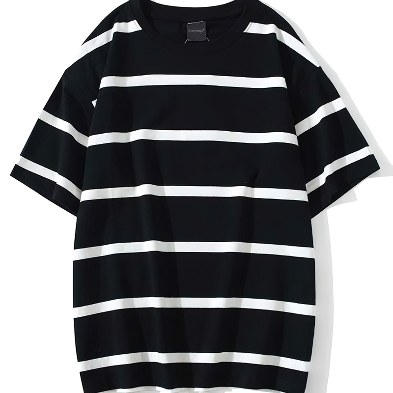 Men's oversized black striped t-shirt featuring casual streetwear style.