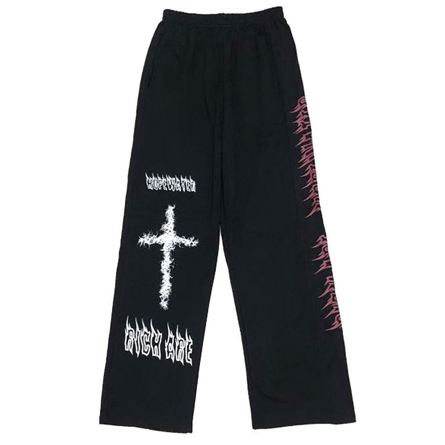 Men's gothic wide leg pants in black with white and pink graffiti print, perfect for a trendy casual look.