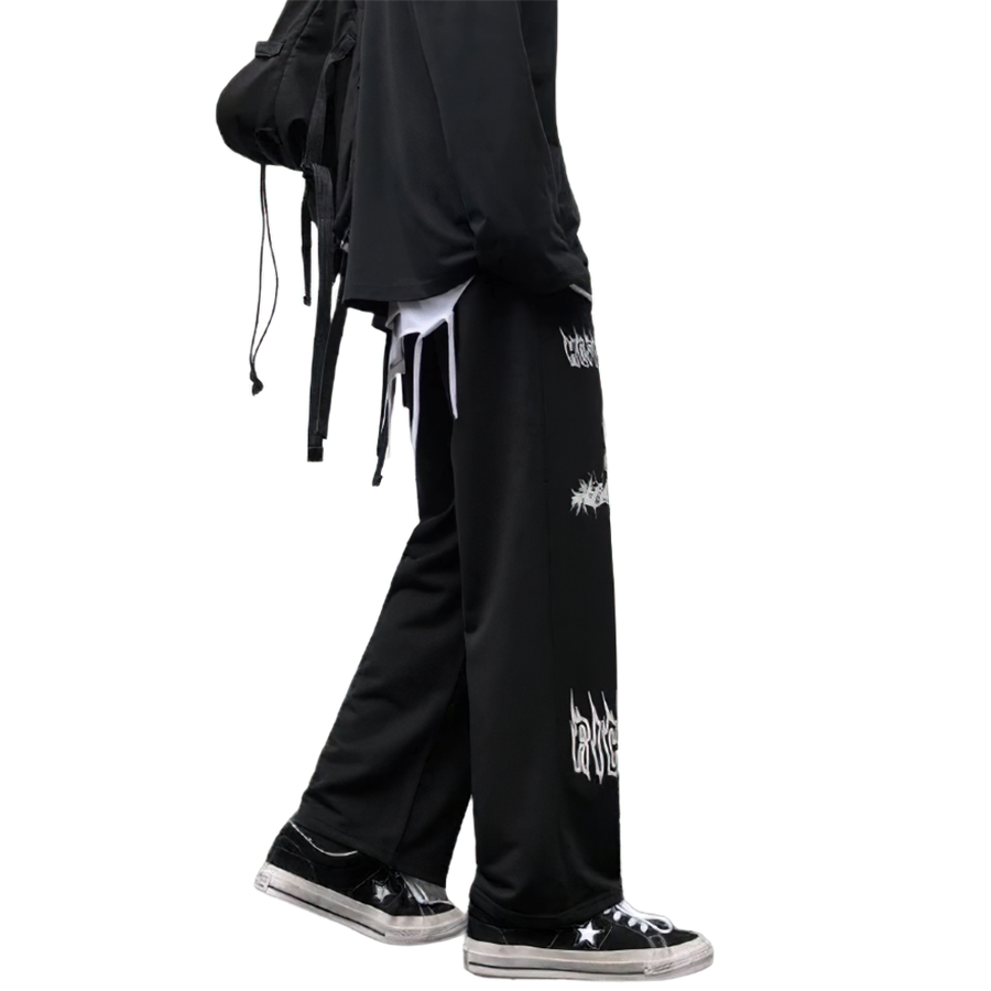 Casual men's wide leg gothic style pants featuring graffiti anime print, perfect for a trendy streetwear look.