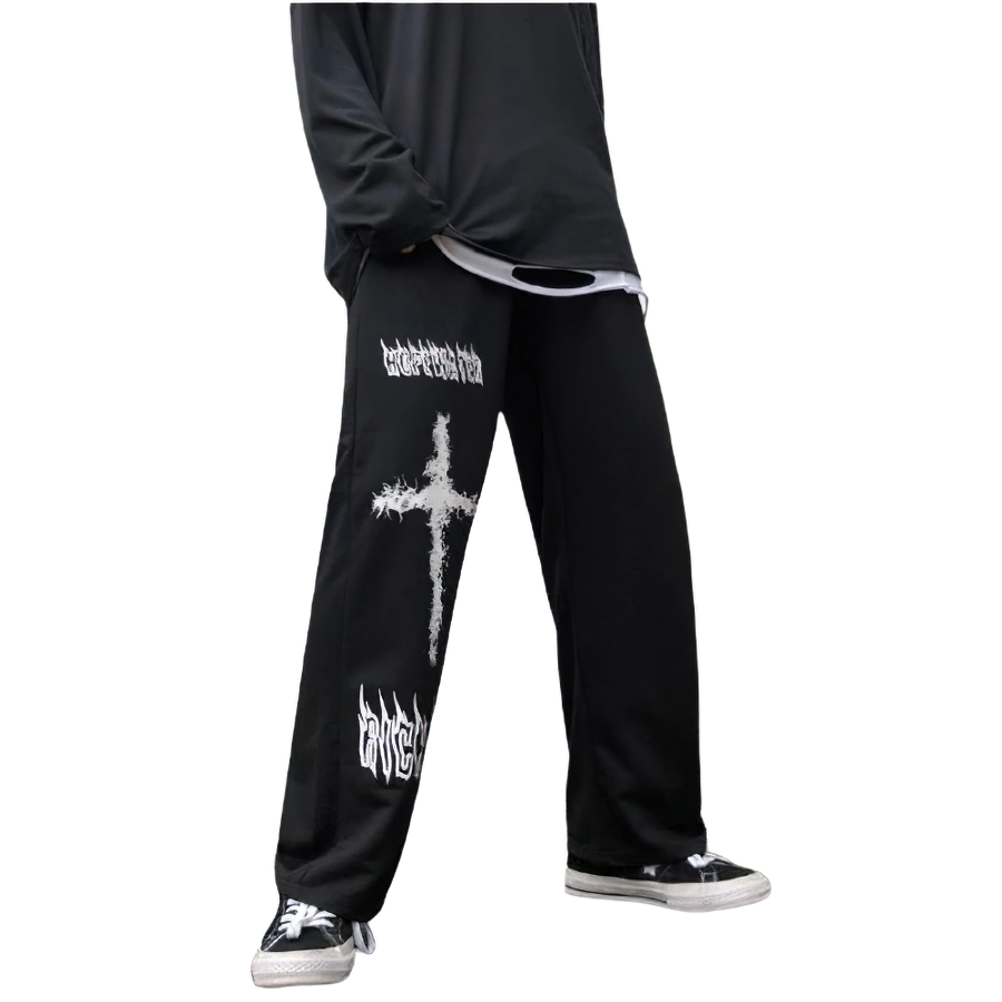 Casual men's wide leg pants in gothic style with graffiti print, perfect for a trendy gothic wardrobe.