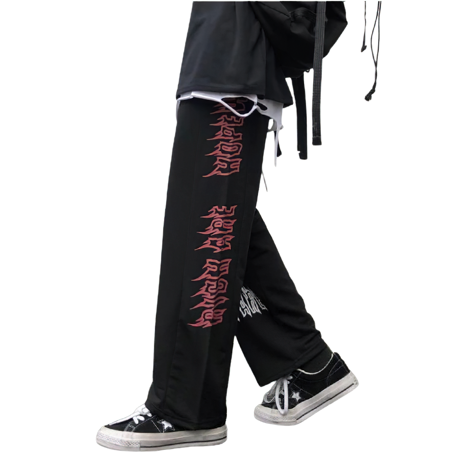 Trendy men's wide leg pants in black with striking red gothic print, perfect for a fashionable casual look.