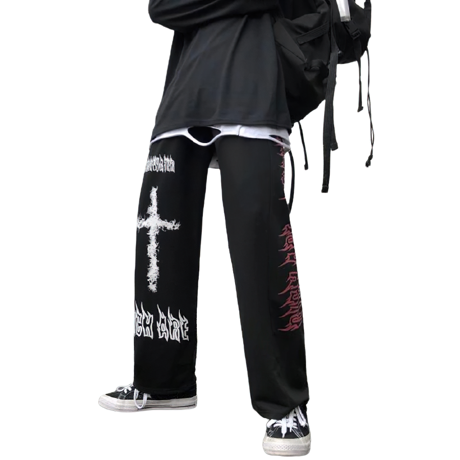 Casual men's wide leg pants in gothic style, featuring graffiti anime print and trendy black design.