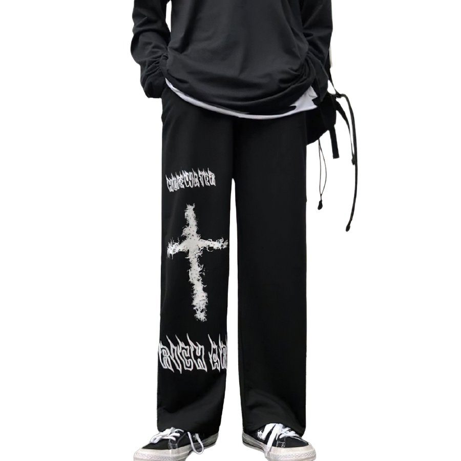 Casual Men's Wide Leg Pants in Gothic Style / Male Trousers with Graffiti Anime Print - HARD'N'HEAVY
