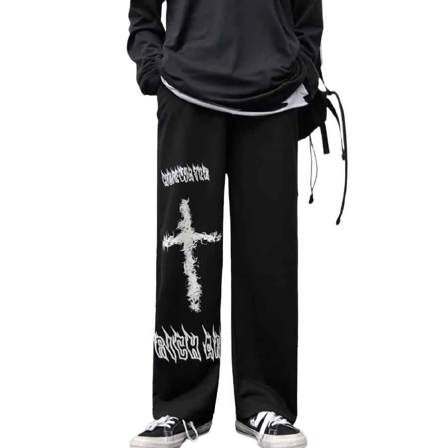 Casual men's wide leg gothic style pants with graffiti anime print and white cross design.