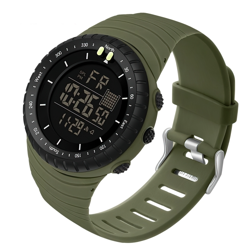 Men's multifunctional military electronic watch in olive green, shockproof and waterproof with modern design.