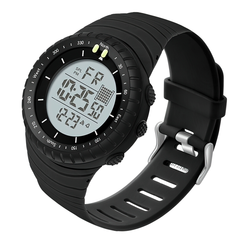 Men's multifunctional military electronic watch with black rubber band and digital display.